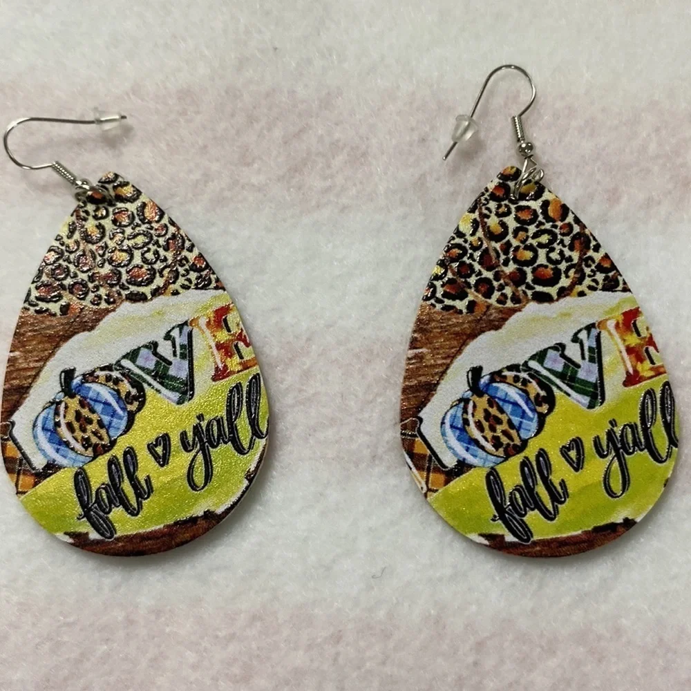 Faux Leather Tear Drop Fall Earrings Print both sides (CO)